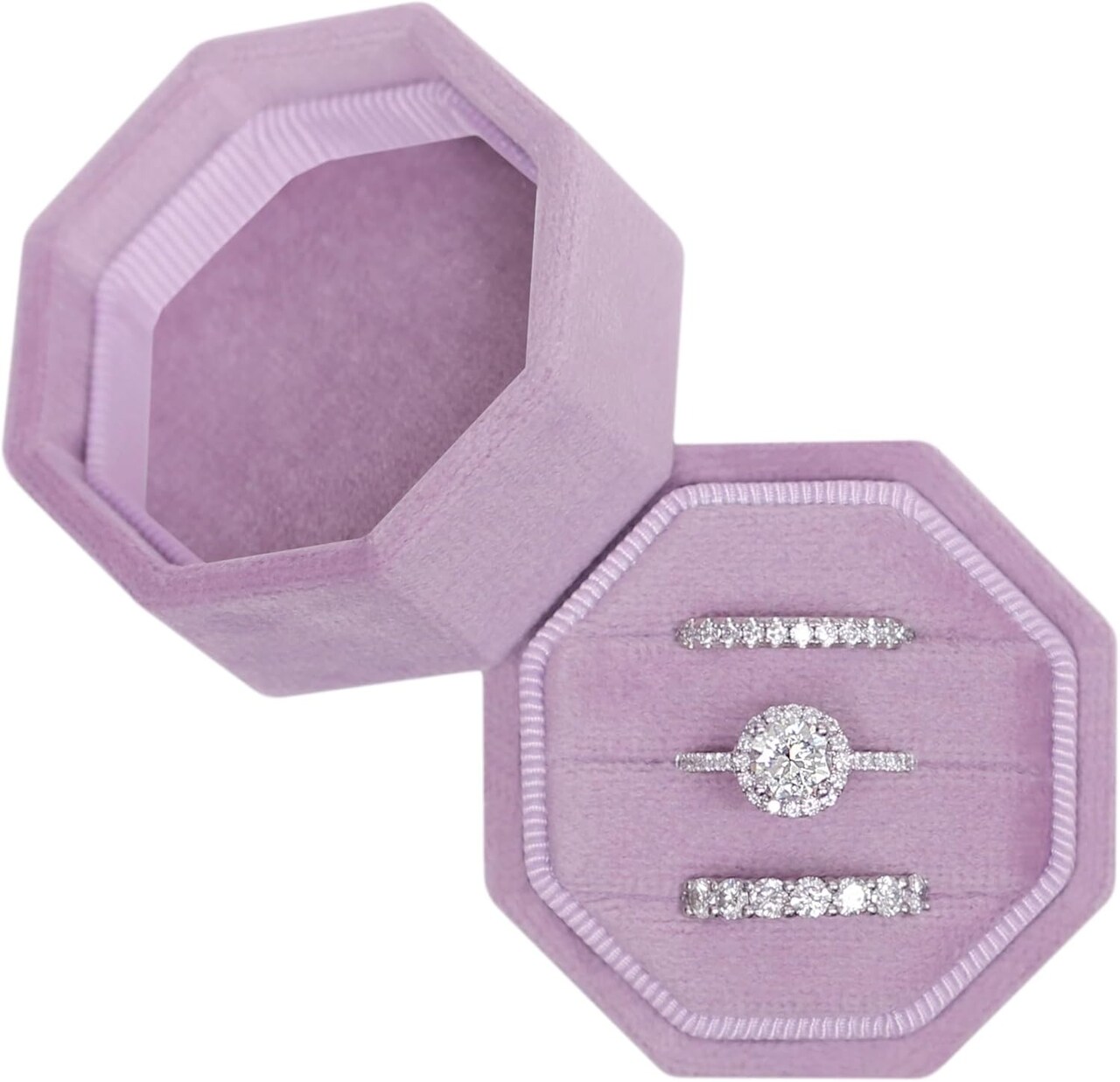 Velvet Ring Box with 3 Slots – Octagon Triple Ring Holder for Wedding, Engagement & Proposal Photos